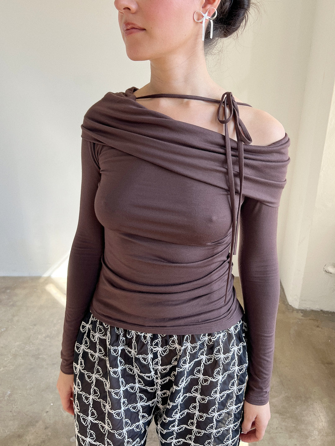 Geo Lace Tie Front Top - Brown