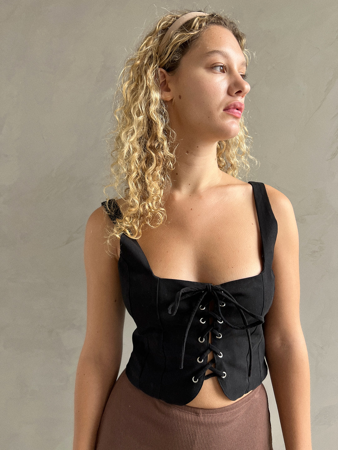 Black Woven Structured Lace Up Corset Crop Top