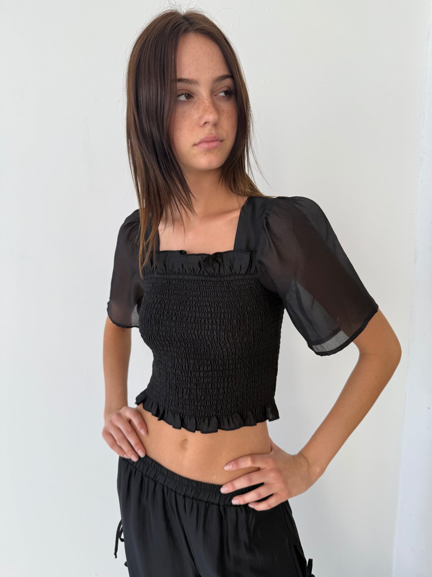 Toni Smocked Top - Black Organza