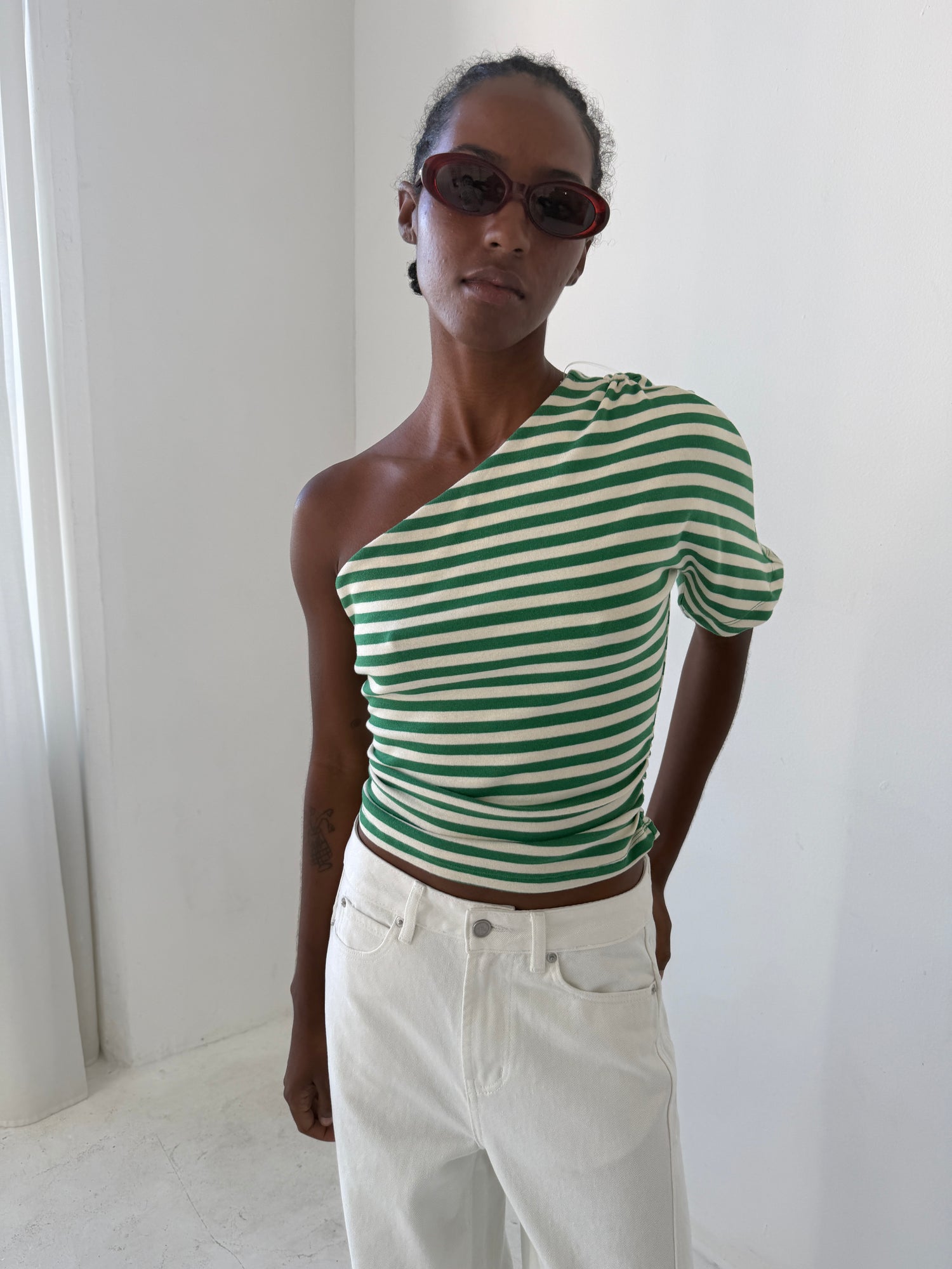 Connie One Shoulder Top - Fern Stripe