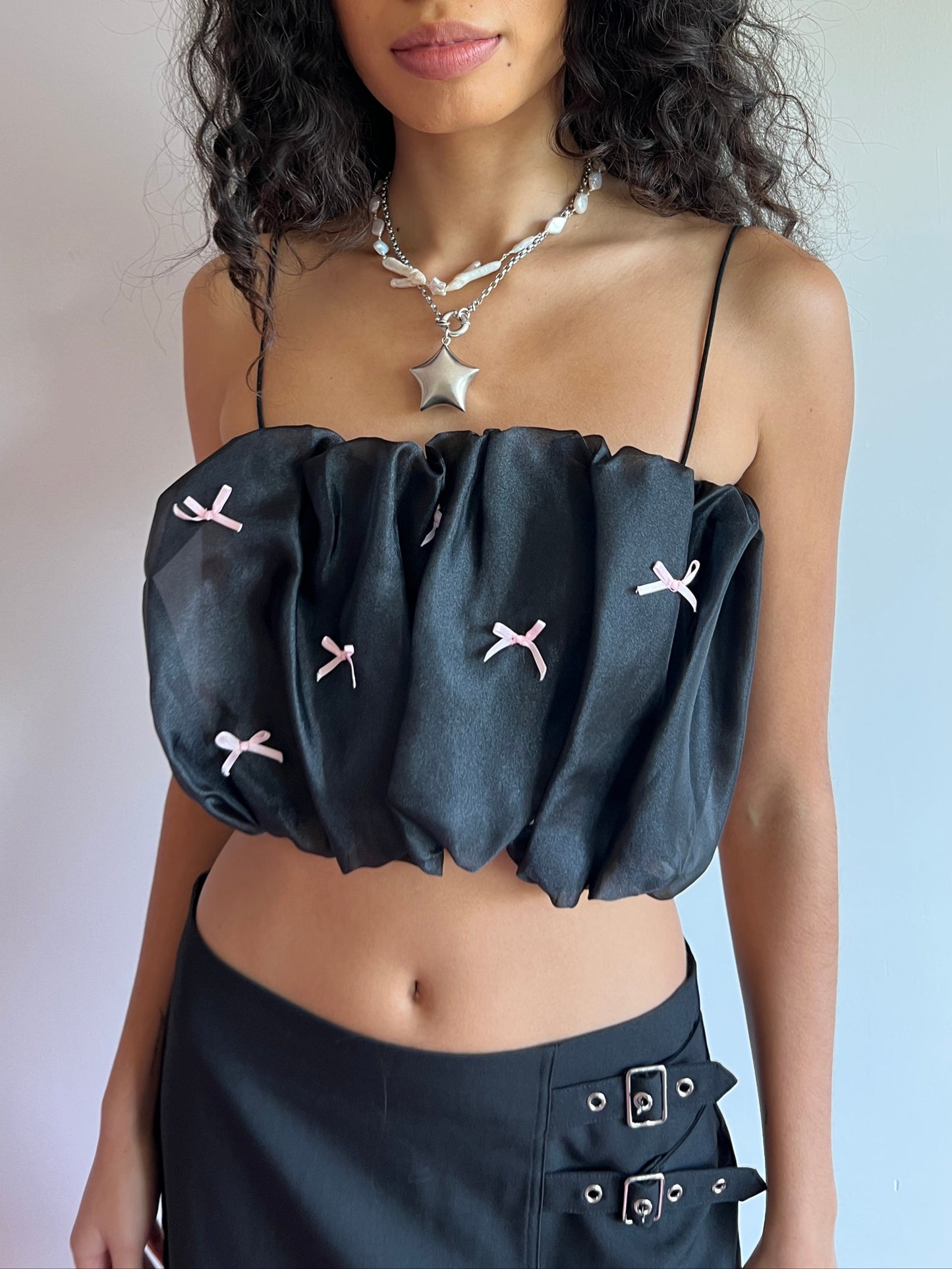 Jemma Bubble Top - Black Pink Bow