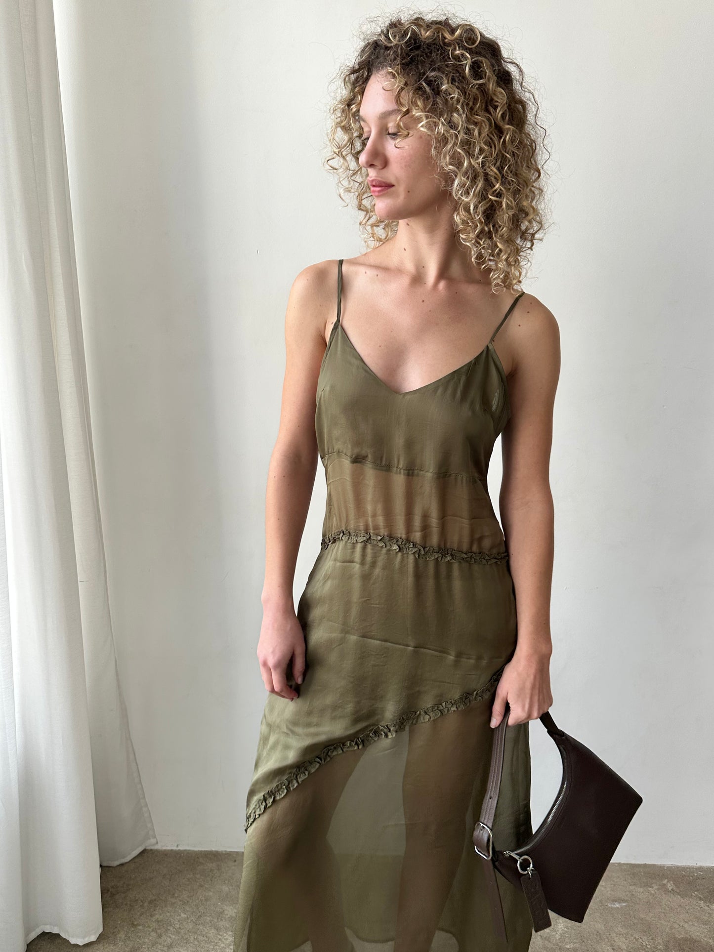 Sasha Ruffle Slip Dress - Sheer Olive