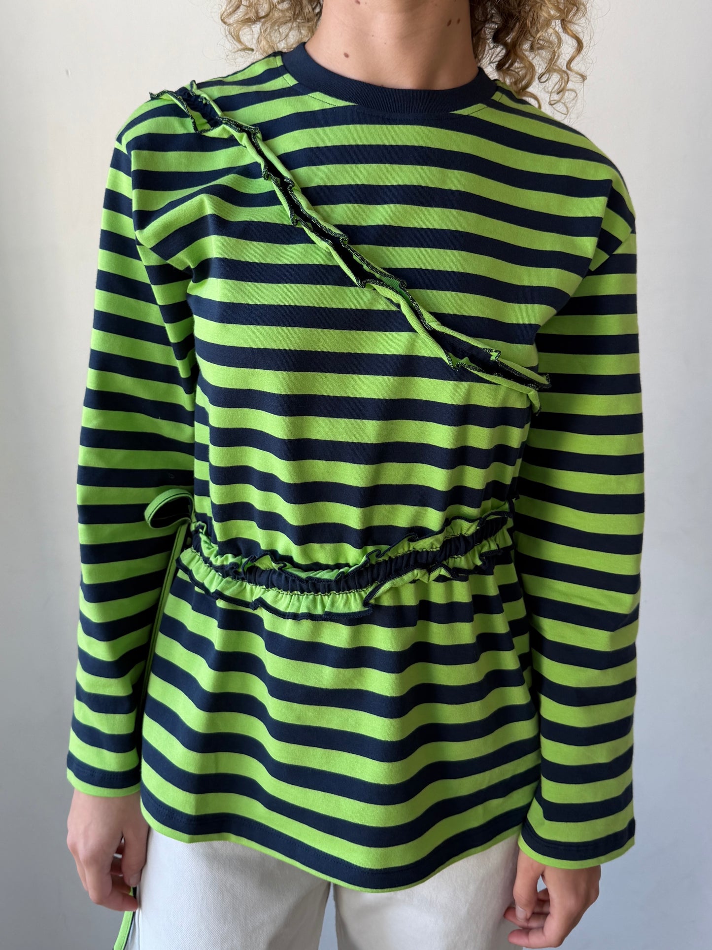 Prudie Ruffle Long Sleeve Tee - Navy/Lime