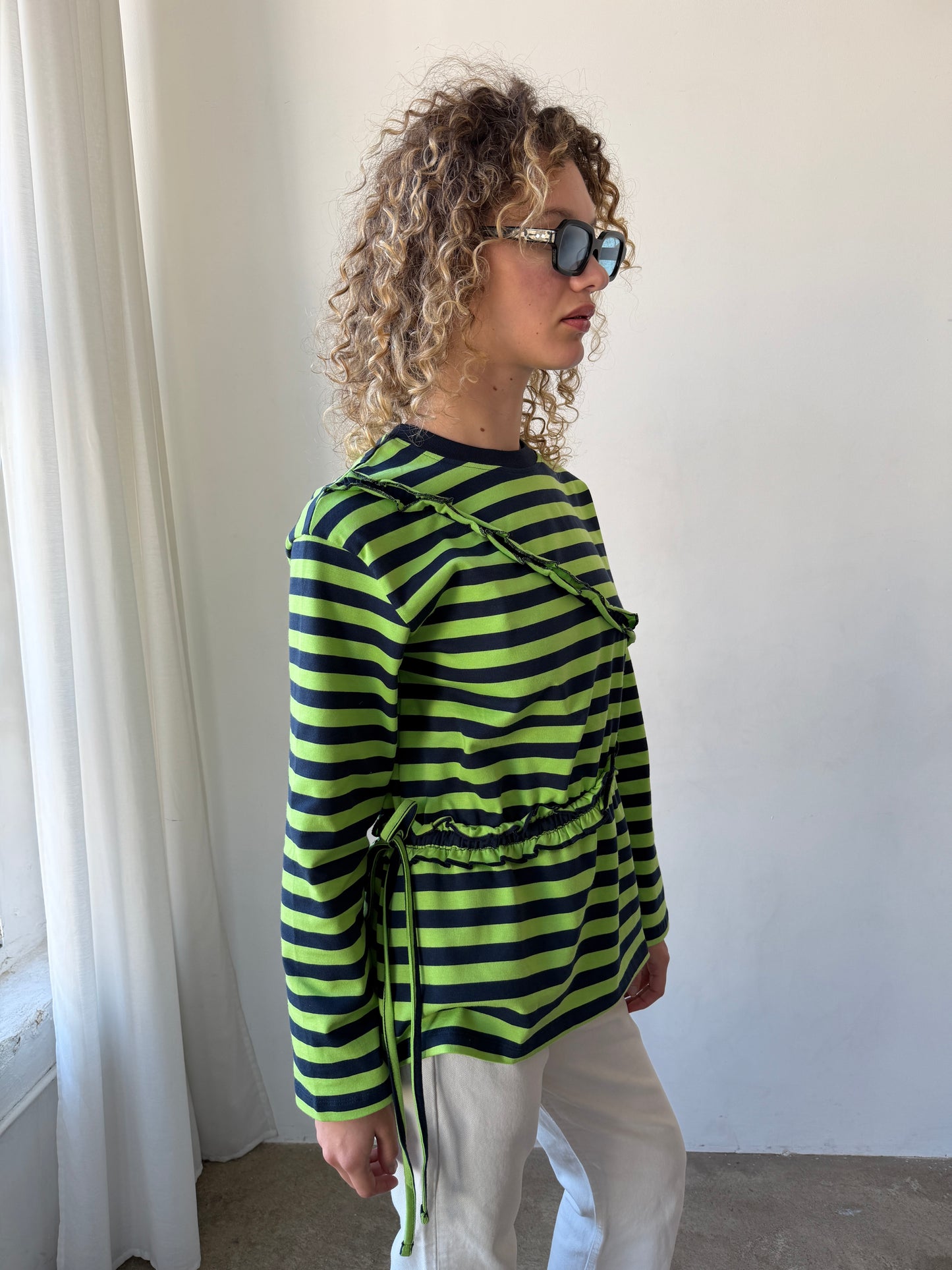 Prudie Ruffle Long Sleeve Tee - Navy/Lime