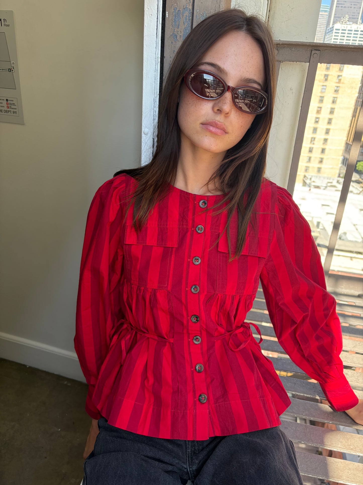 Charlize Blouse - Red Burgundy Stripe