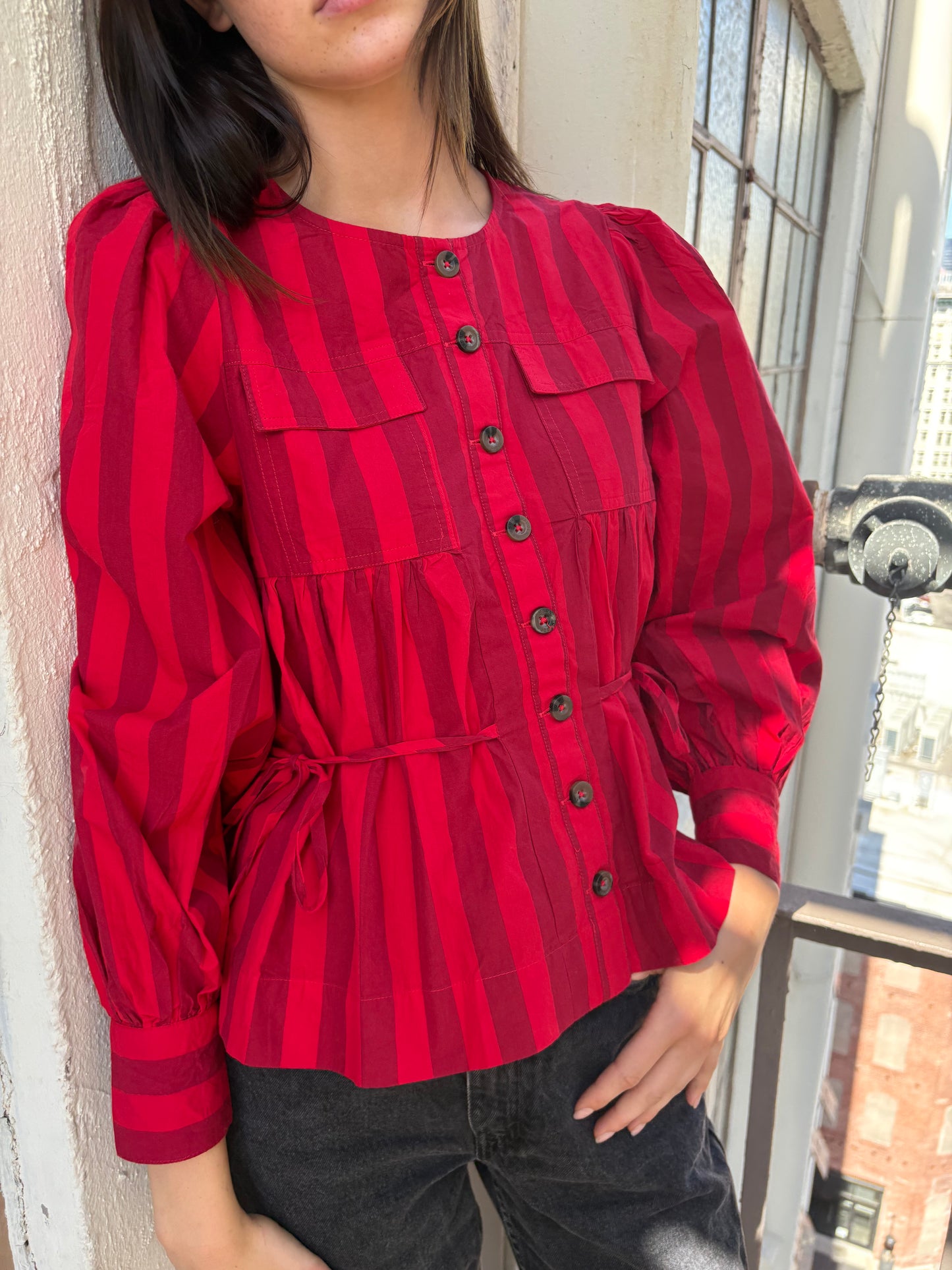 Charlize Blouse - Red Burgundy Stripe