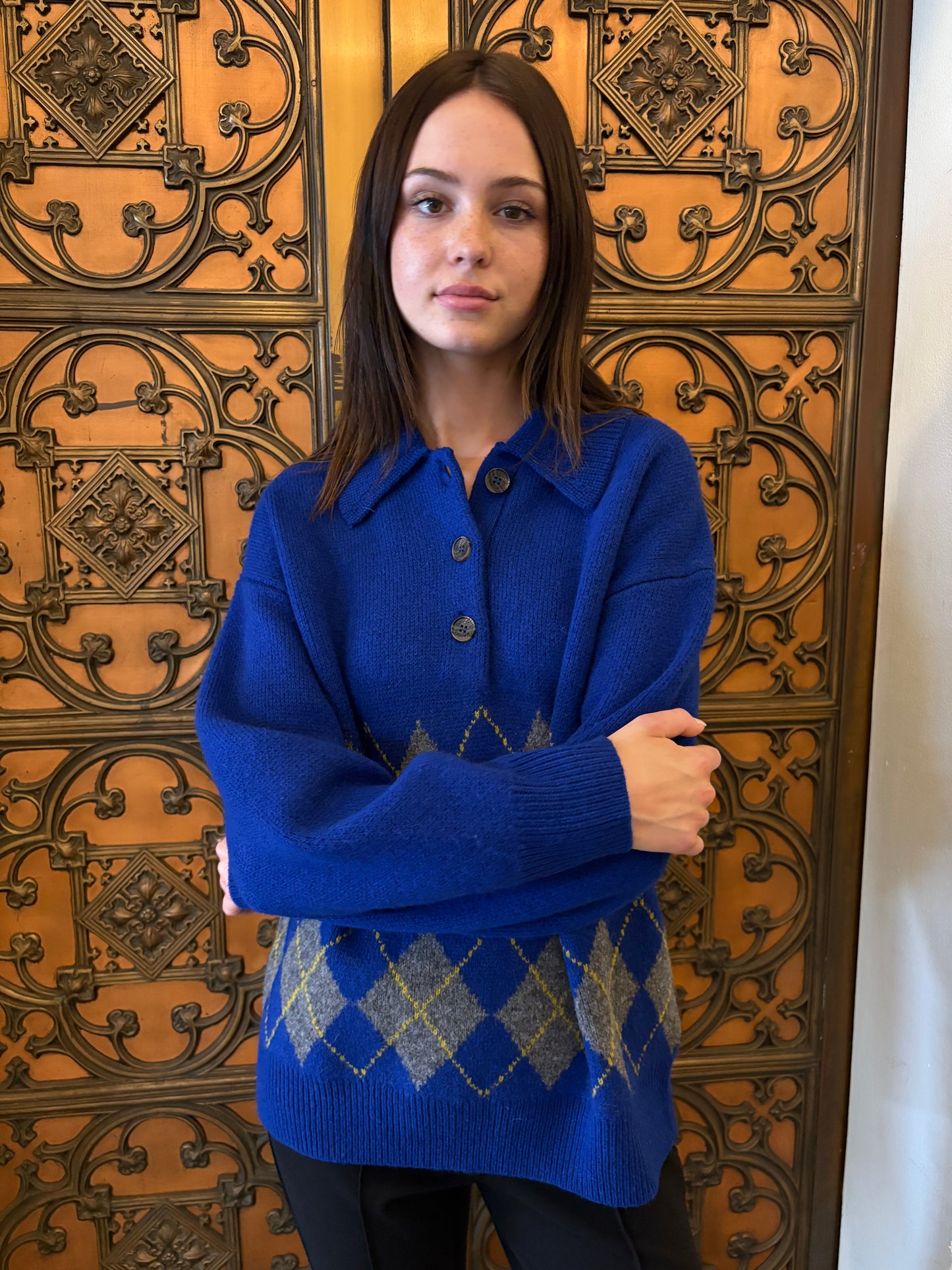 Saskia Slouchy Rugby Jumper - Bold Argyle