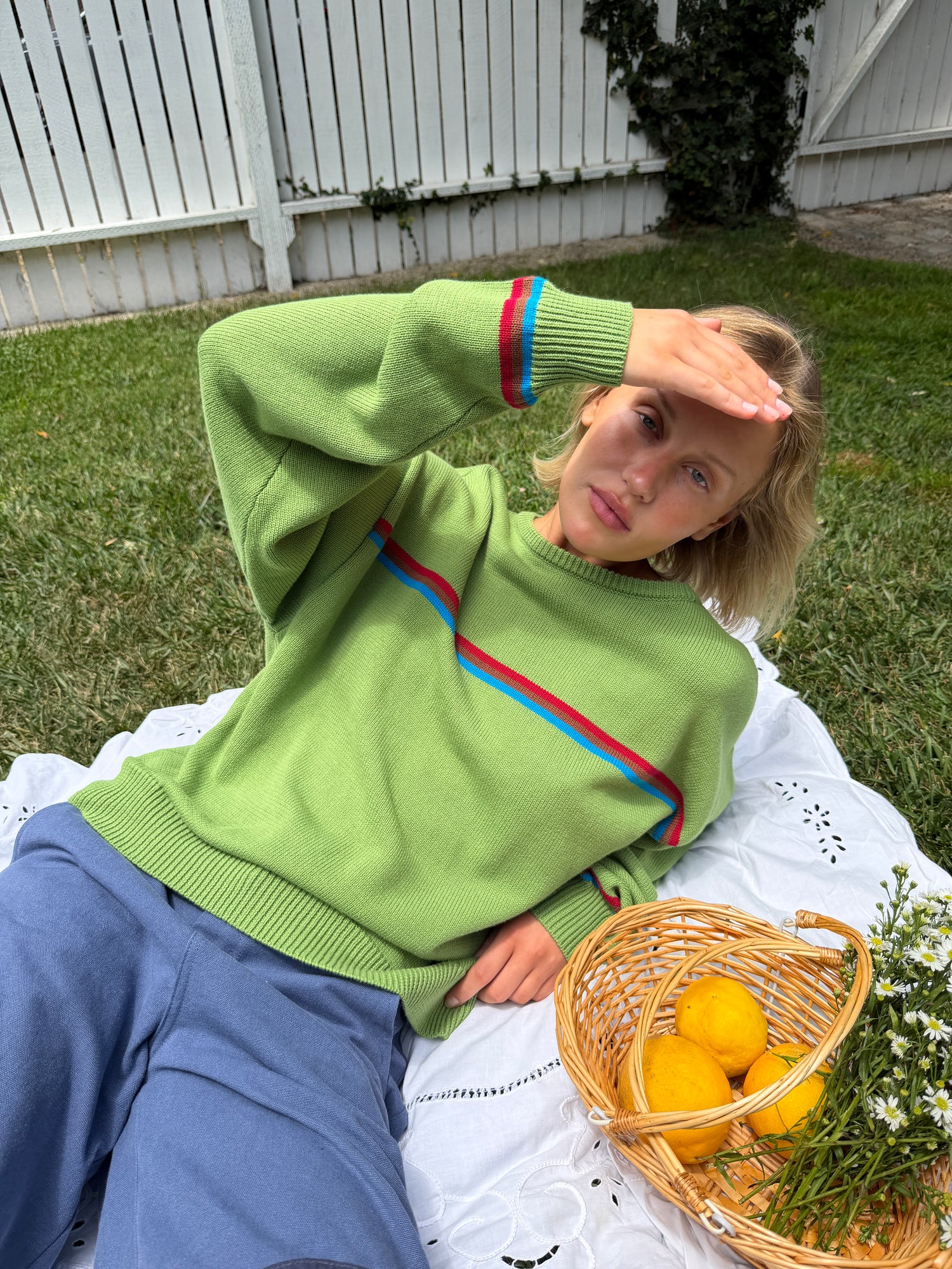 "I Can't Believe it's Not Vintage" Crewneck - Moss Athletic Stripe