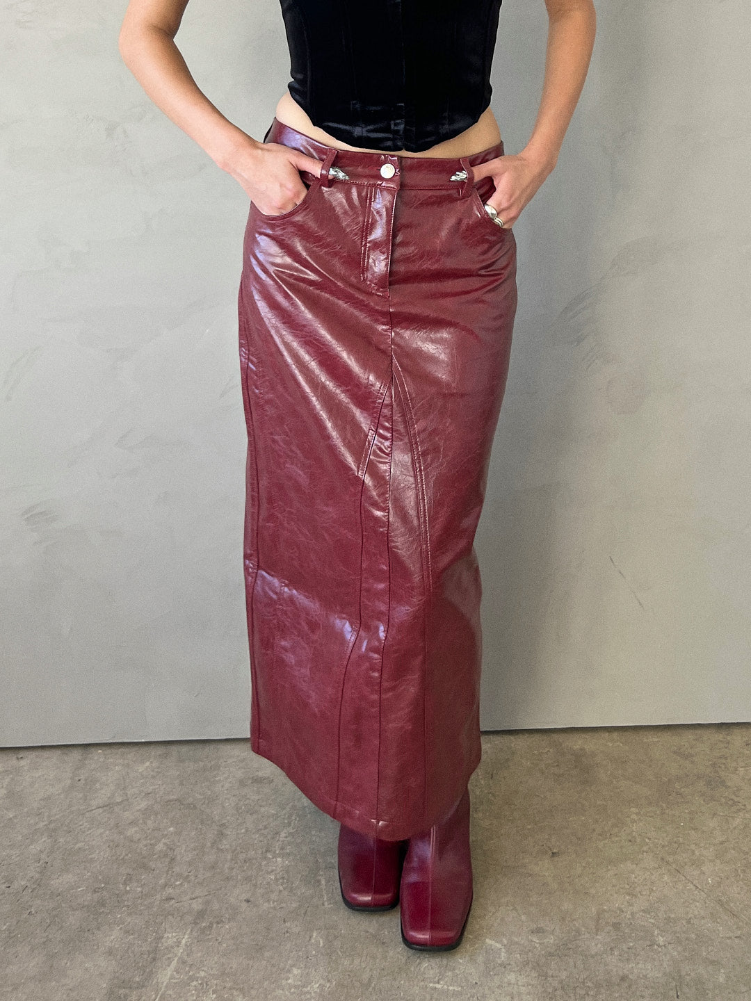 Burgundy leather skirt clearance next