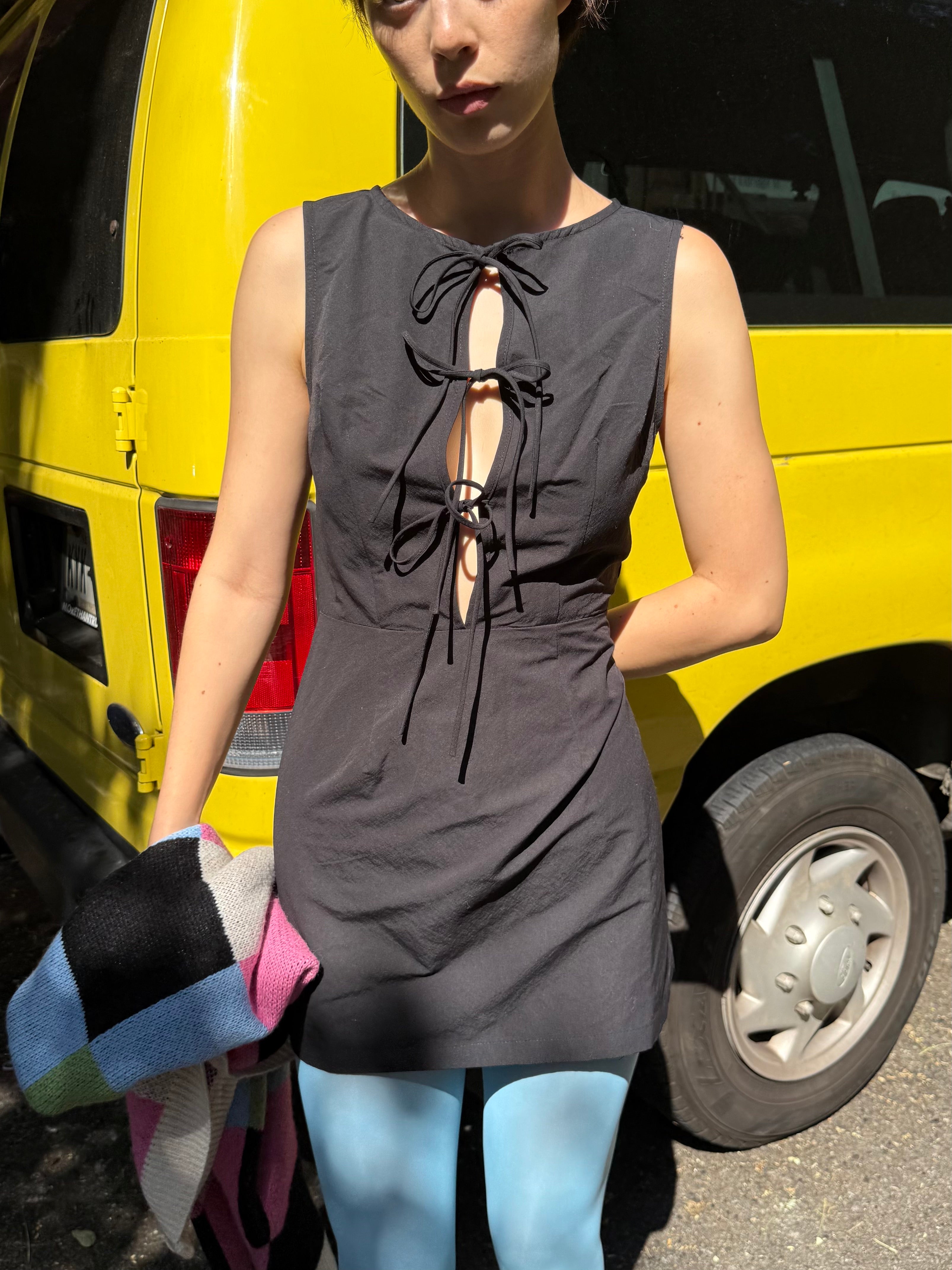 Minipeach Women's Summer Tunic Dress – Solid Color, Crew Neck, Short Sleeves With Self-Tie Waist (Mini Dress, Black, X-Large)