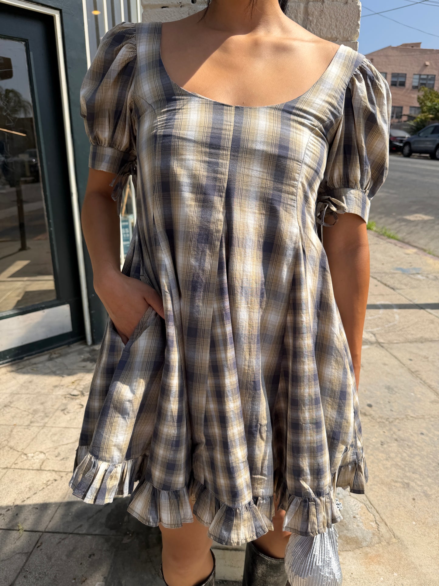 Sabina Mini Godet Dress - Cardamon Mix Check