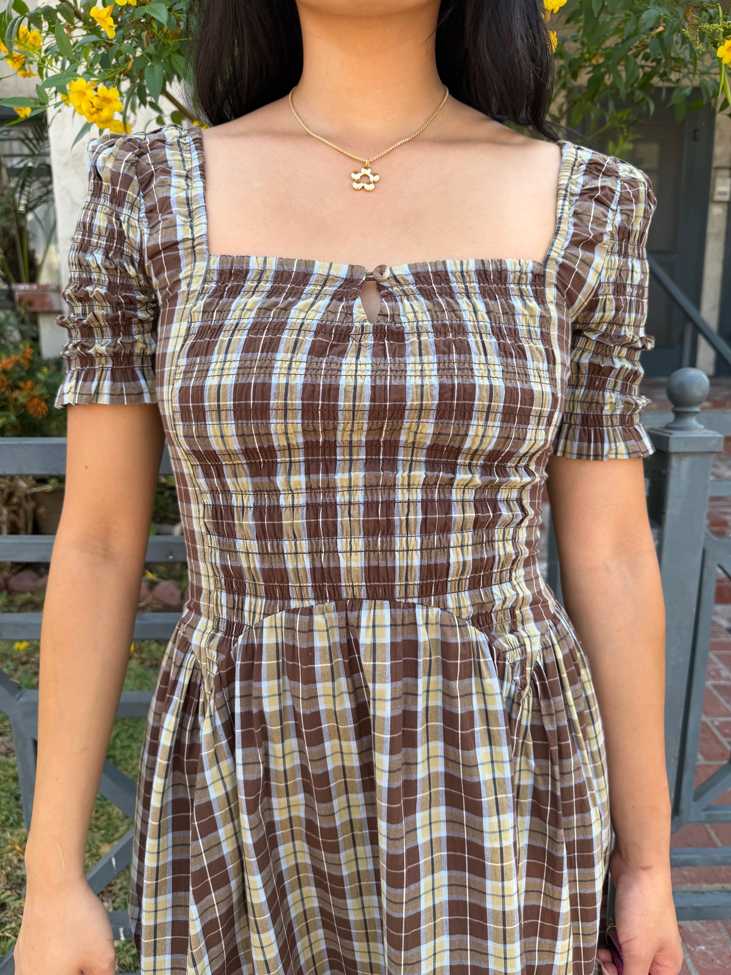 Emmy Shirred Midi Dress - Cocoa Check