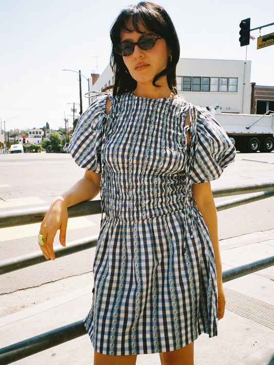Becca Bubble Mini Dress - Blue Margot Gingham