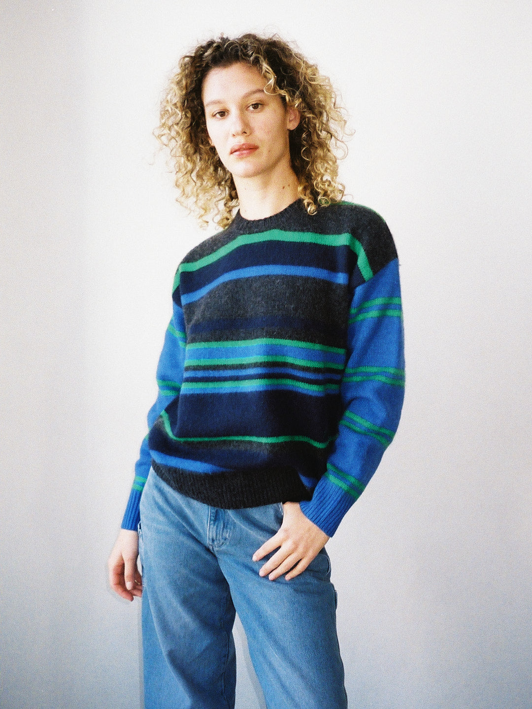 Rene Crew Jumper - Green & Blue Stripe