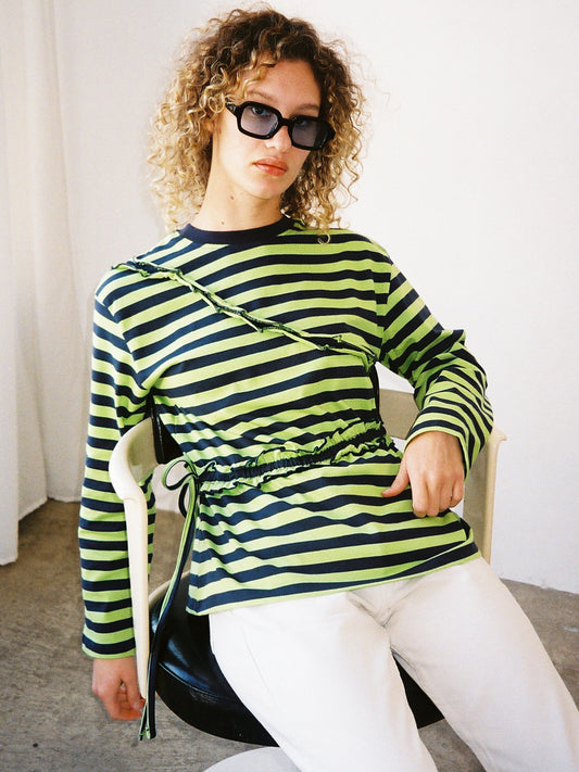 Prudie Ruffle Long Sleeve Tee - Navy/Lime