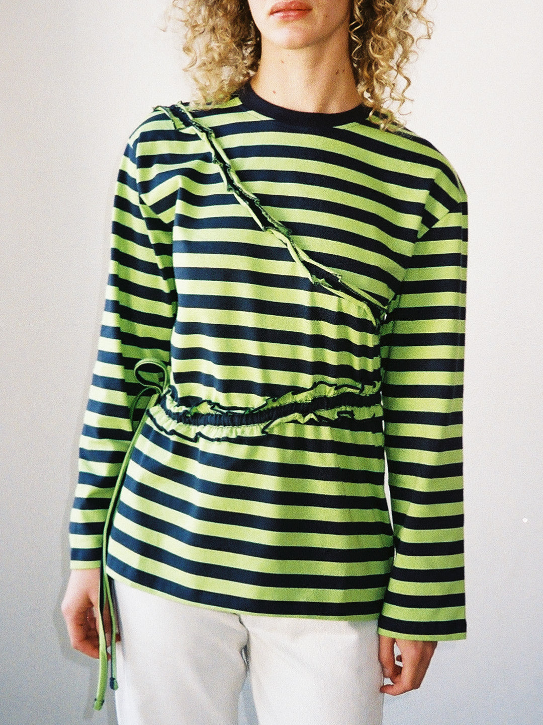 Prudie Ruffle Long Sleeve Tee - Navy/Lime