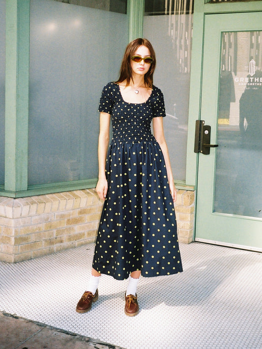 Malinda Super Smocked Dress - Navy Olive Spot