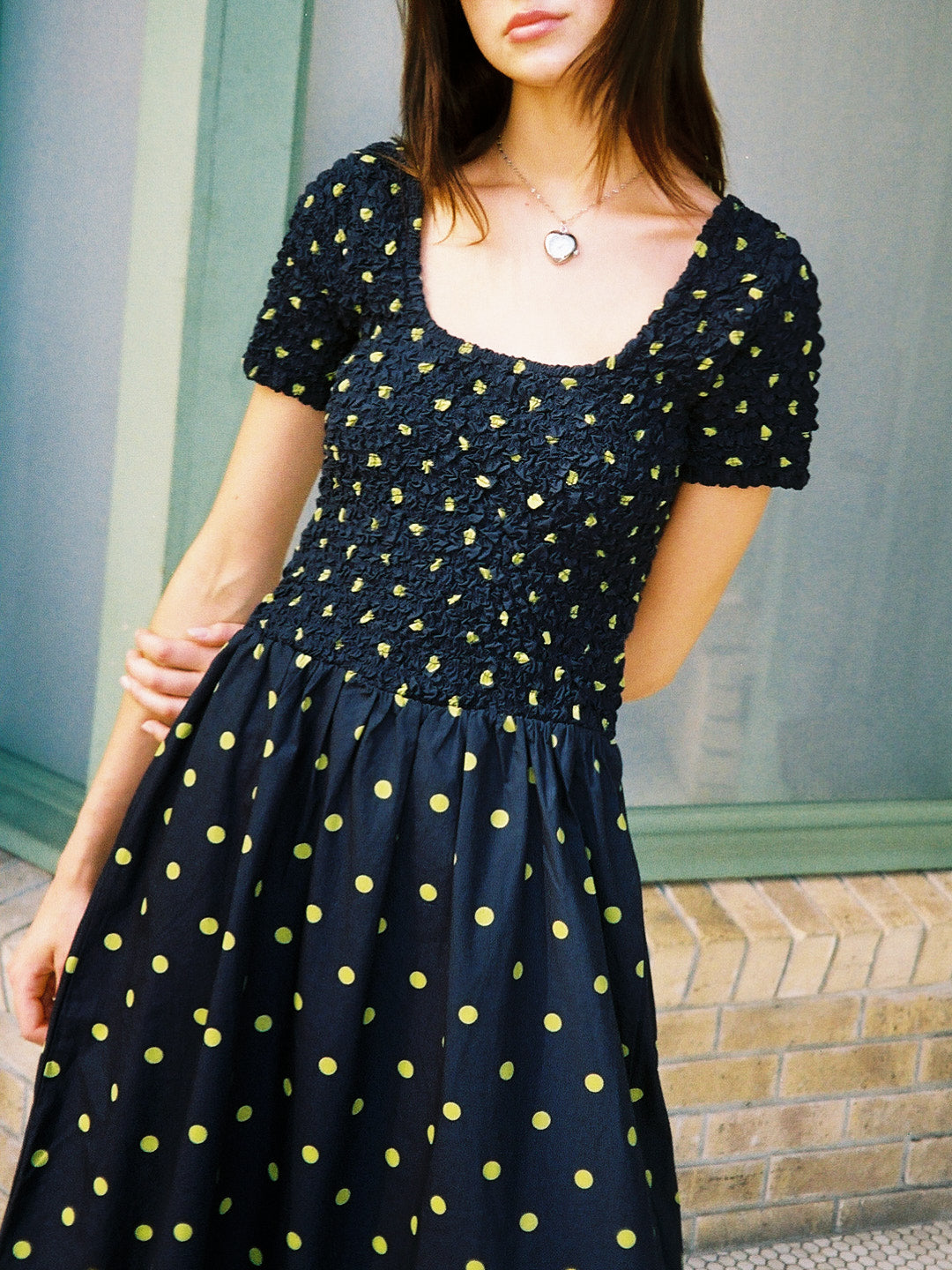 Malinda Super Smocked Dress - Navy Olive Spot