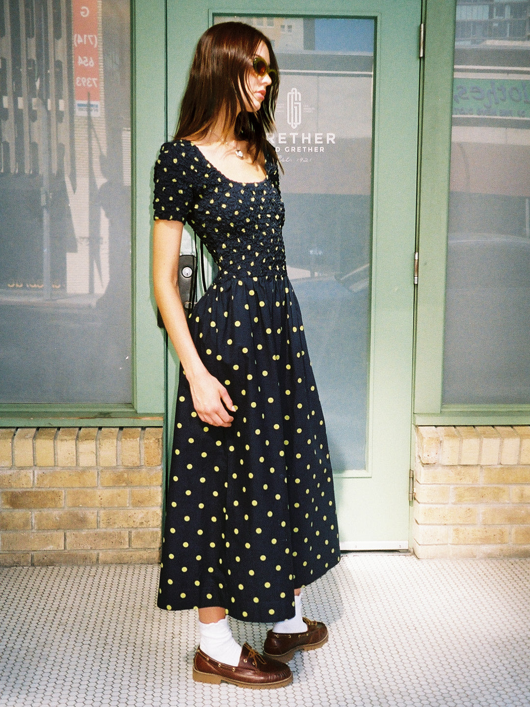 Malinda Super Smocked Dress - Navy Olive Spot