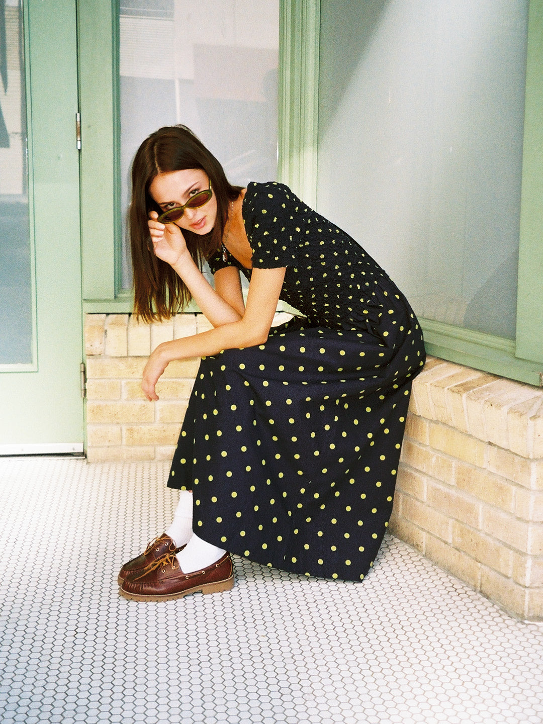 Malinda Super Smocked Dress - Navy Olive Spot