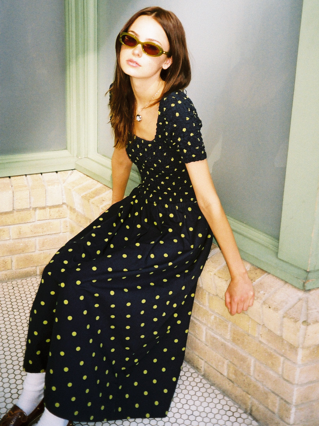 Malinda Super Smocked Dress - Navy Olive Spot