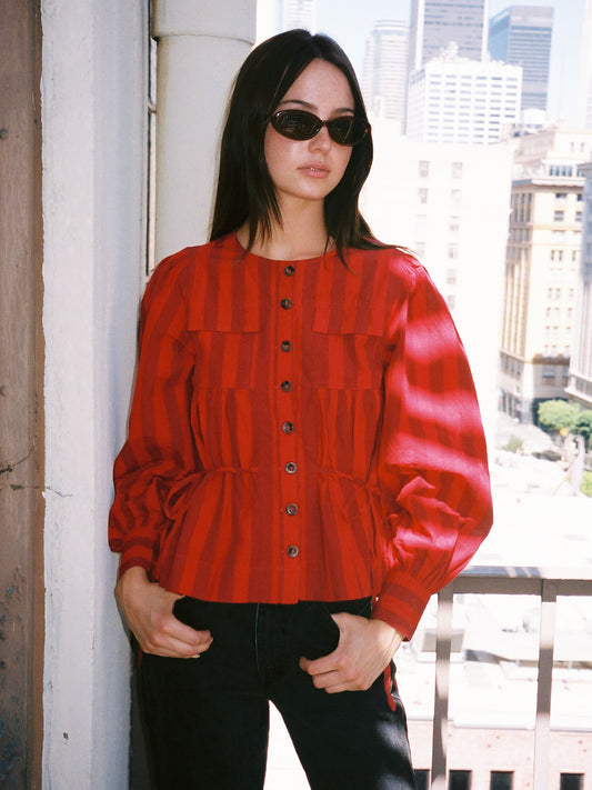 Charlize Blouse - Red Burgundy Stripe