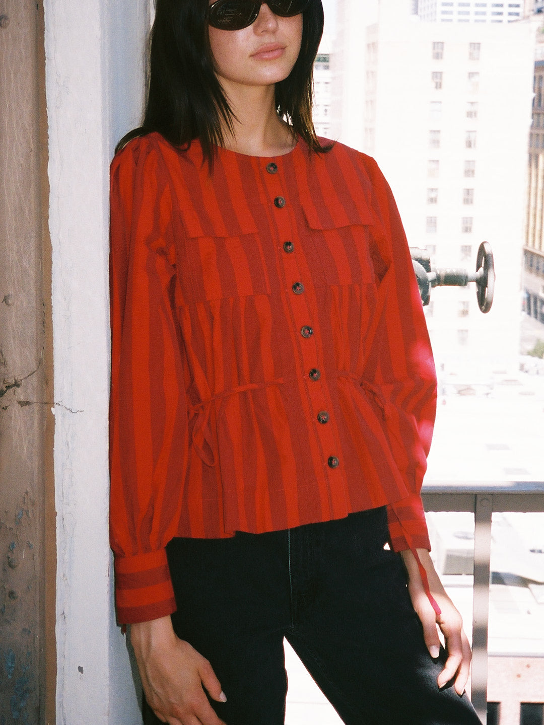 Charlize Blouse - Red Burgundy Stripe