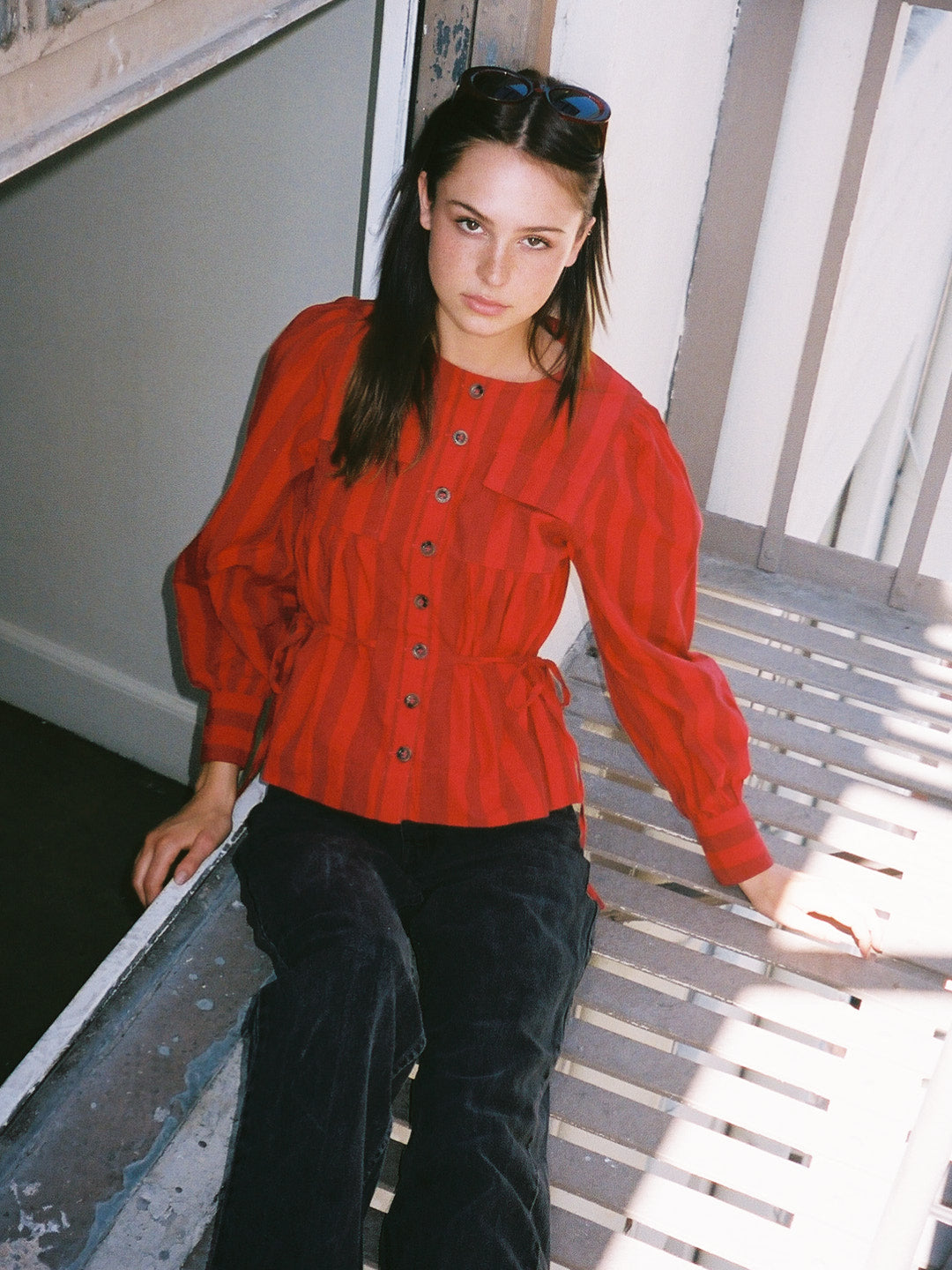 Charlize Blouse - Red Burgundy Stripe