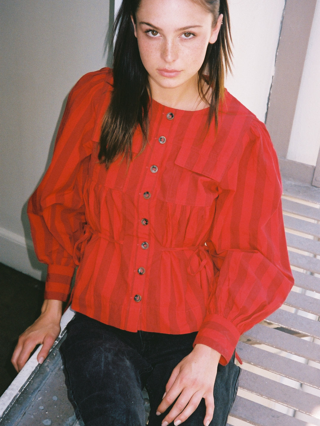 Charlize Blouse - Red Burgundy Stripe