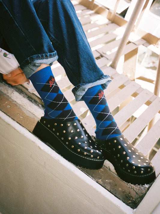 Argyle Calf Length Socks - Cobalt & Grey