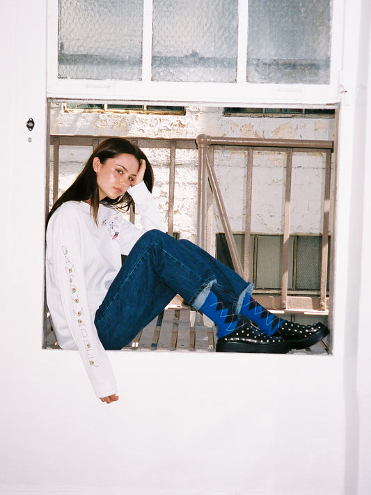 Argyle Calf Length Socks - Cobalt & Grey