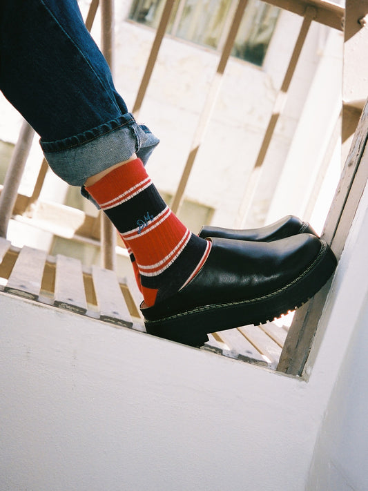 Sporty Calf Length Socks - Red & Navy Multi Stripe