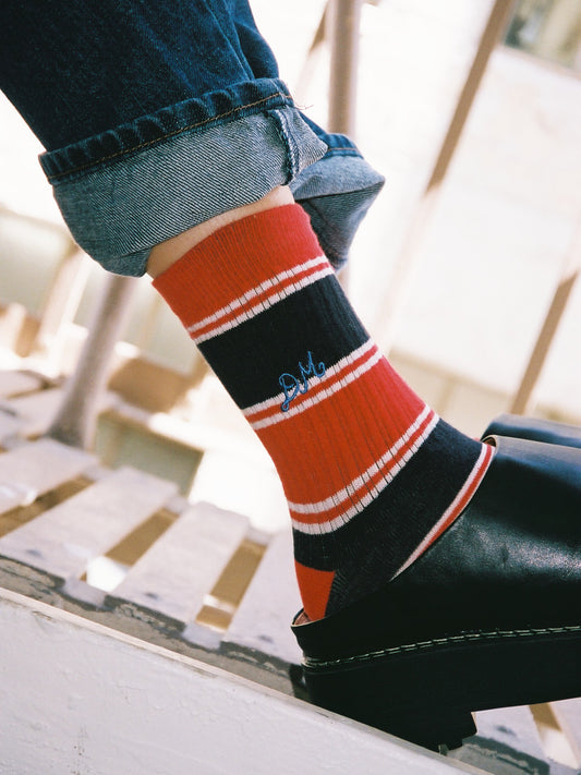 Sporty Calf Length Socks - Red & Navy Multi Stripe