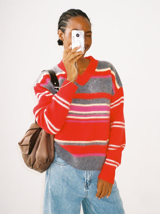 Rene V-Neck Jumper - Pink/Red Stripe