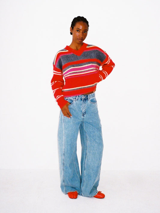 Rene V-Neck Jumper - Pink/Red Stripe