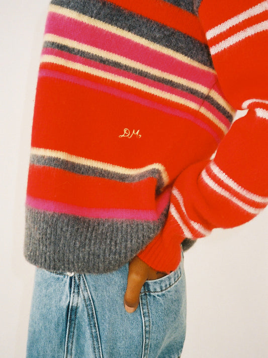 Rene V-Neck Jumper - Pink/Red Stripe