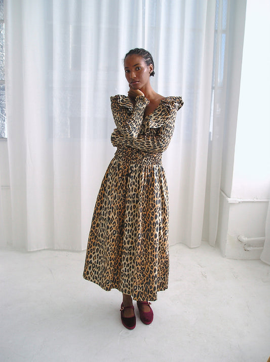 Harper Shirred Midi Dress - Leopard