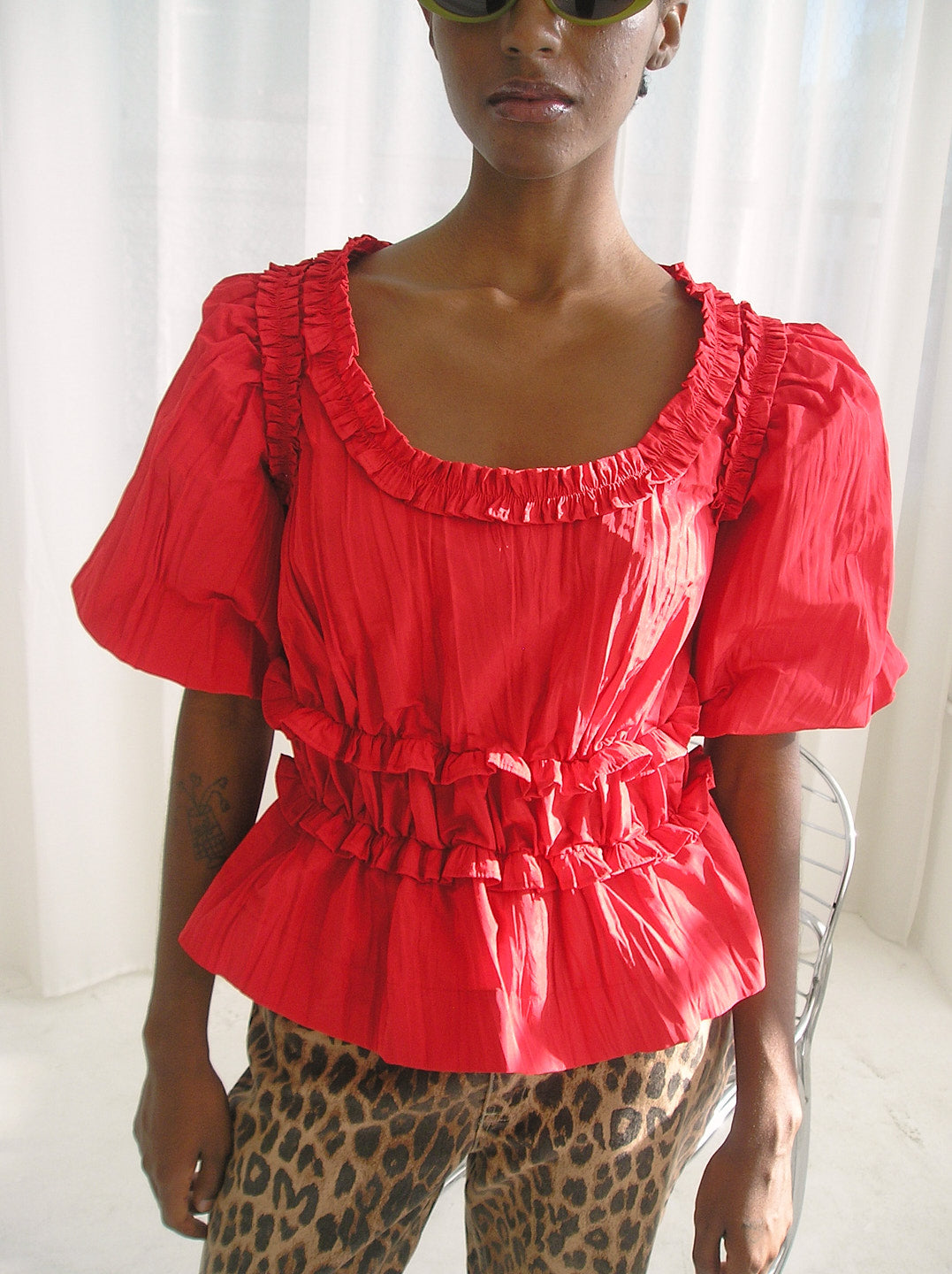 Everly Ruffle Blouse - Red Tafetta