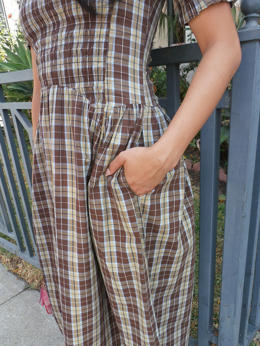 Emmy Shirred Midi Dress - Cocoa Check