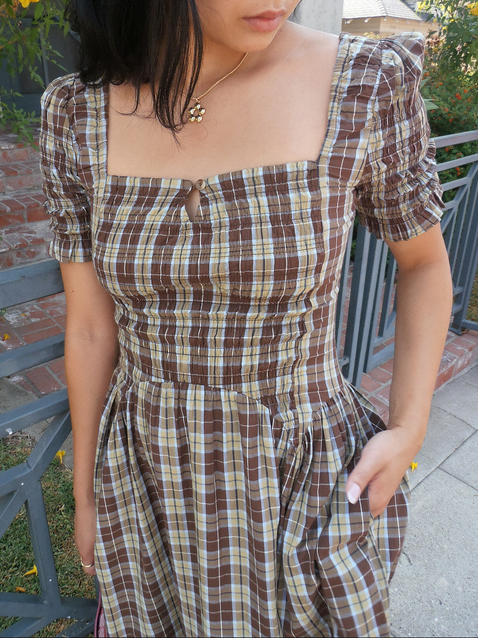 Emmy Shirred Midi Dress - Cocoa Check
