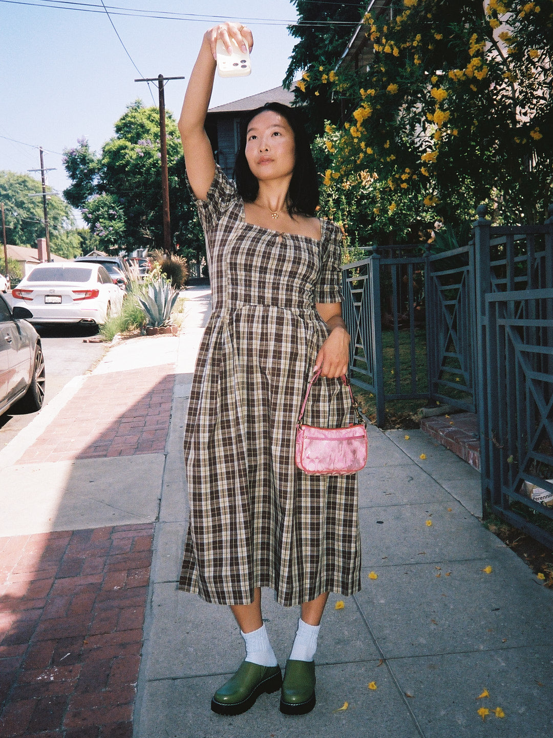 Emmy Shirred Midi Dress - Cocoa Check