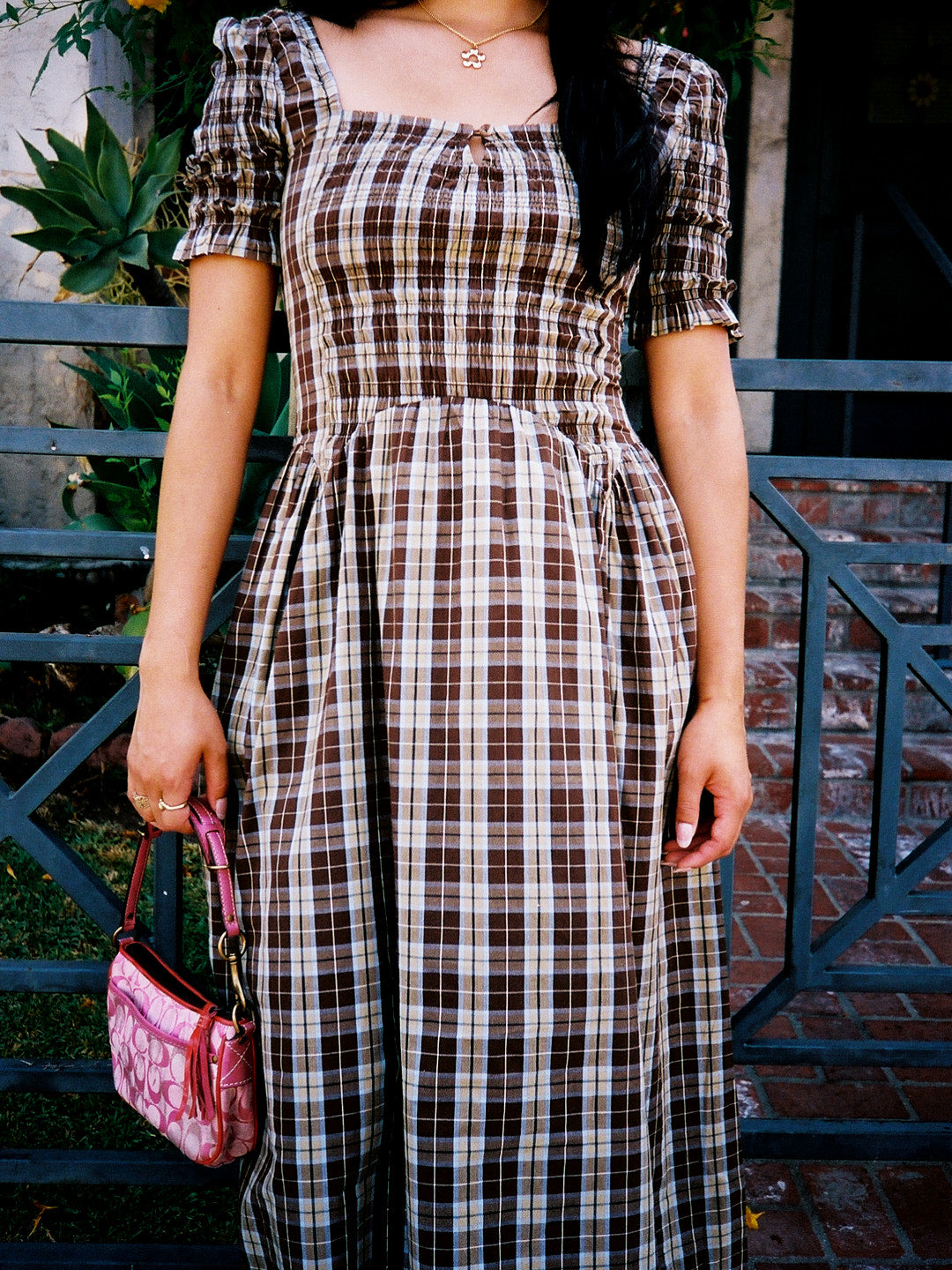 Emmy Shirred Midi Dress - Cocoa Check