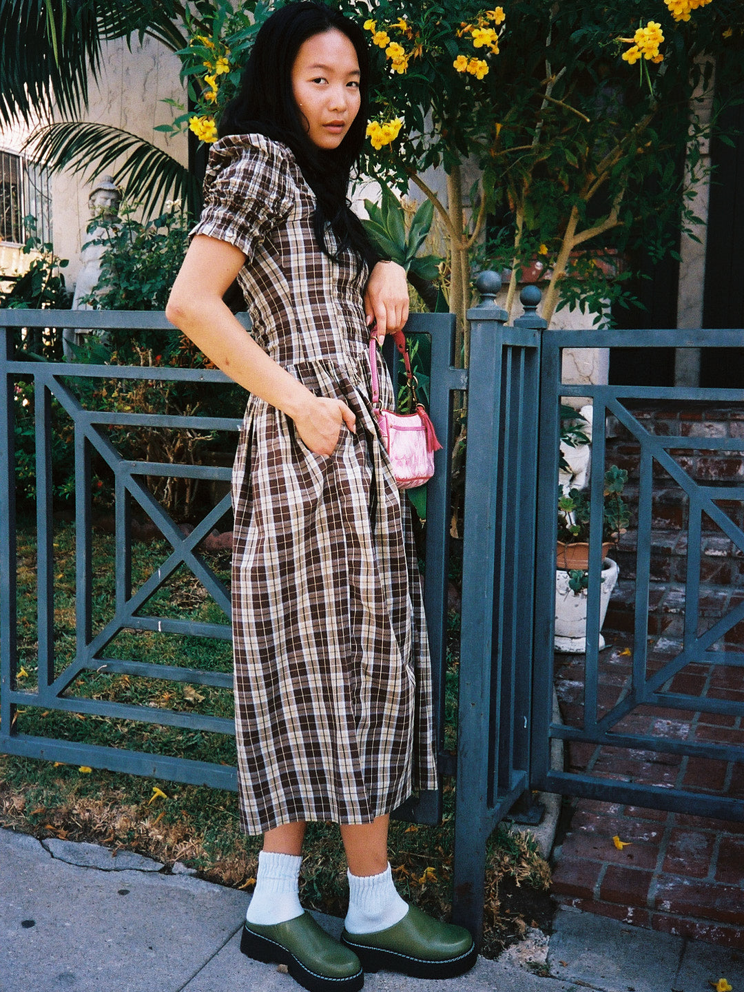 Emmy Shirred Midi Dress - Cocoa Check