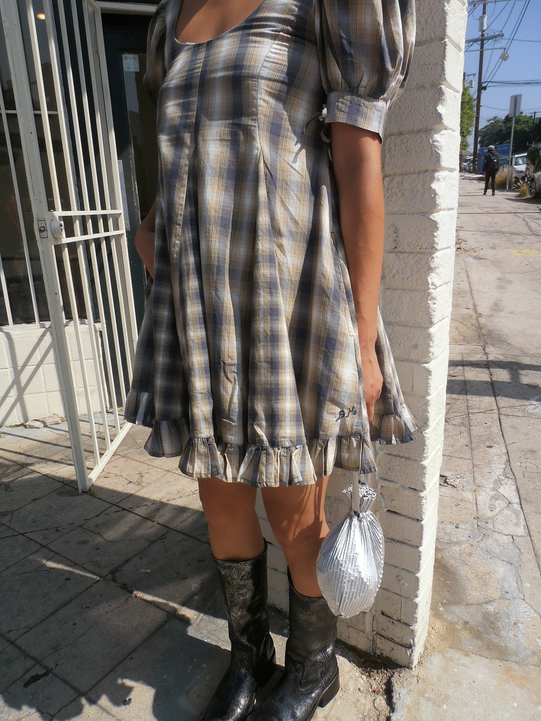 Sabina Mini Godet Dress - Cardamon Mix Check
