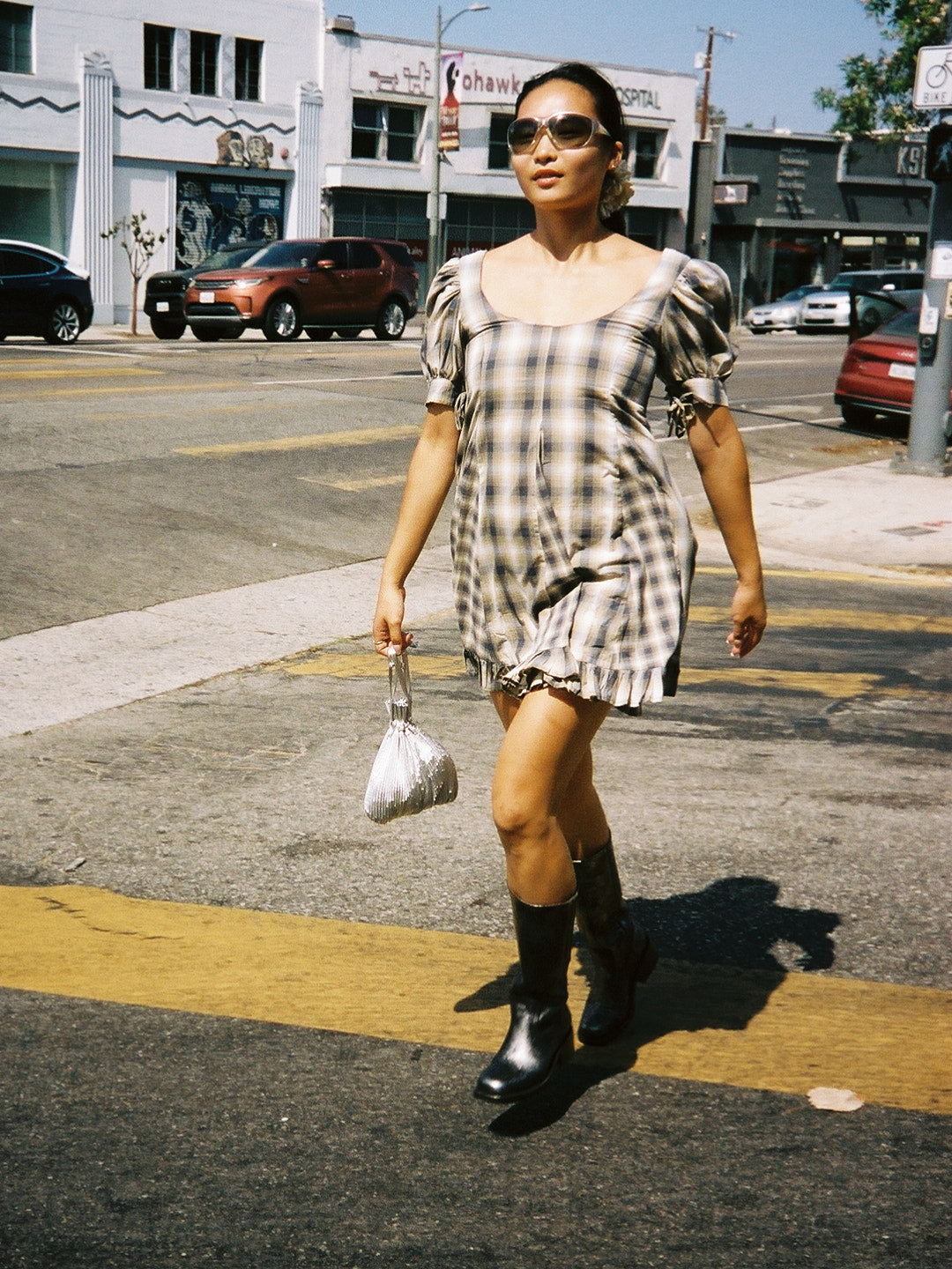Sabina Mini Godet Dress - Cardamon Mix Check