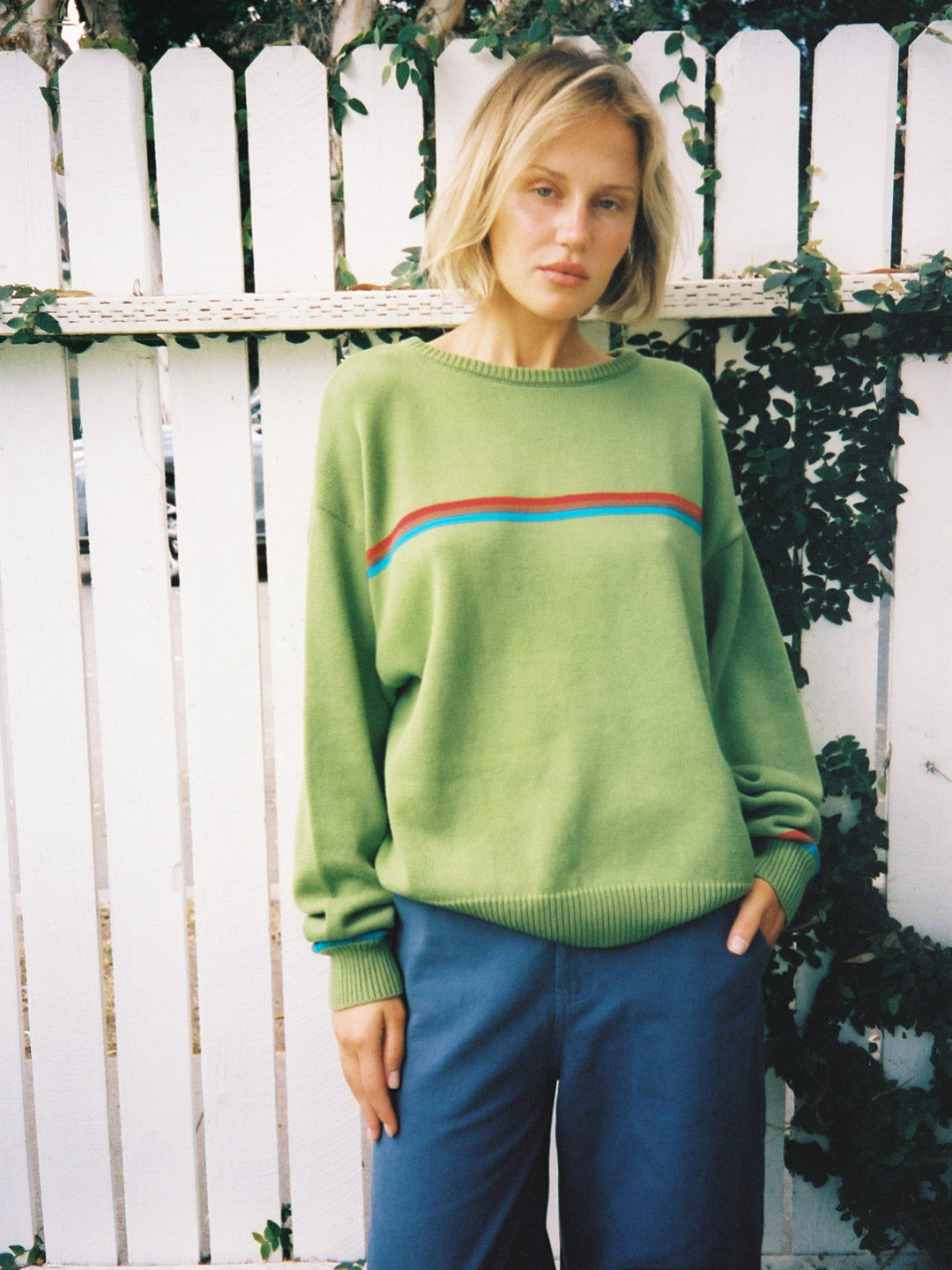 "I Can't Believe it's Not Vintage" Crewneck - Moss Athletic Stripe