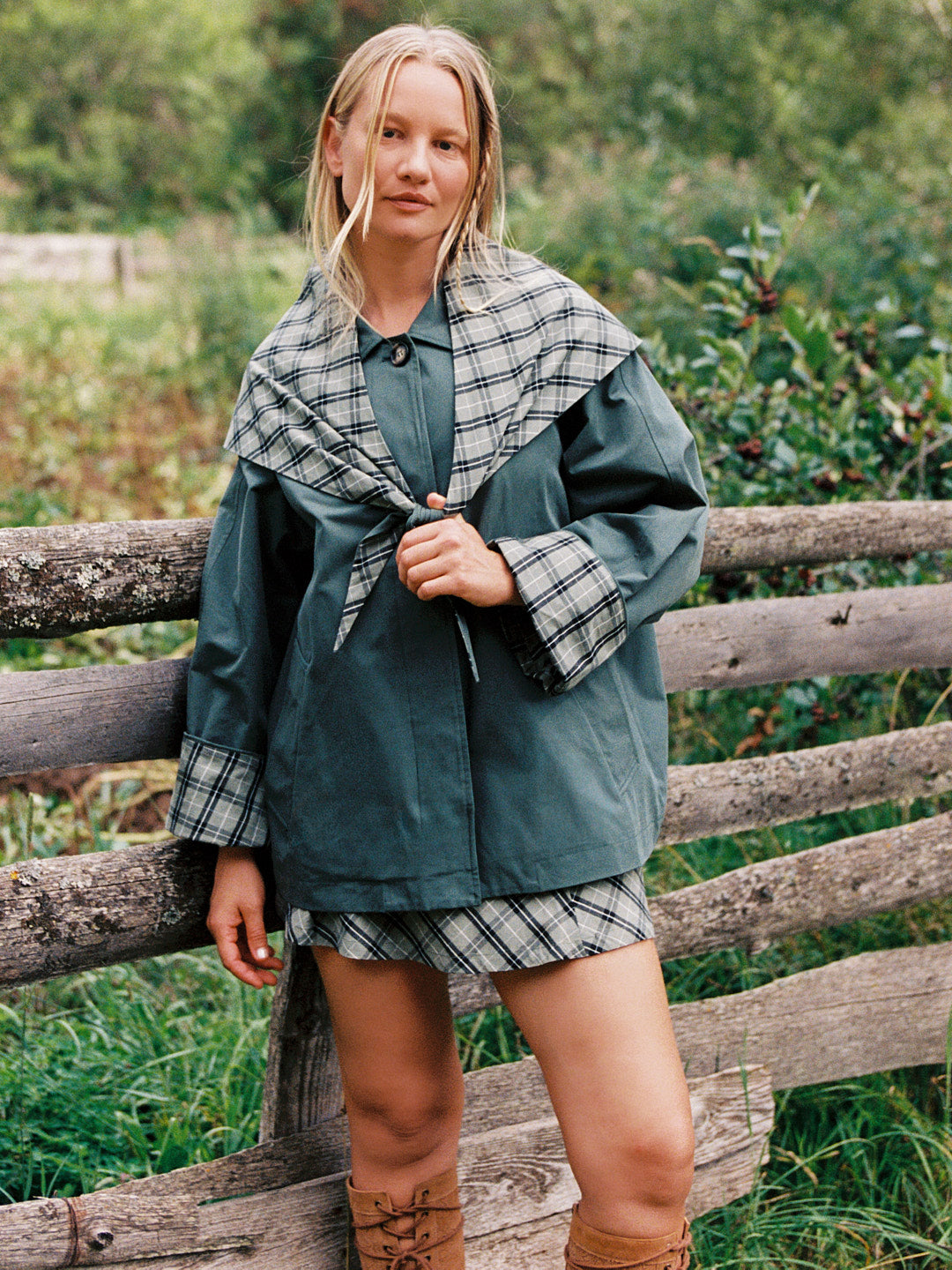 Olson Cropped Trench - Moss Plaid
