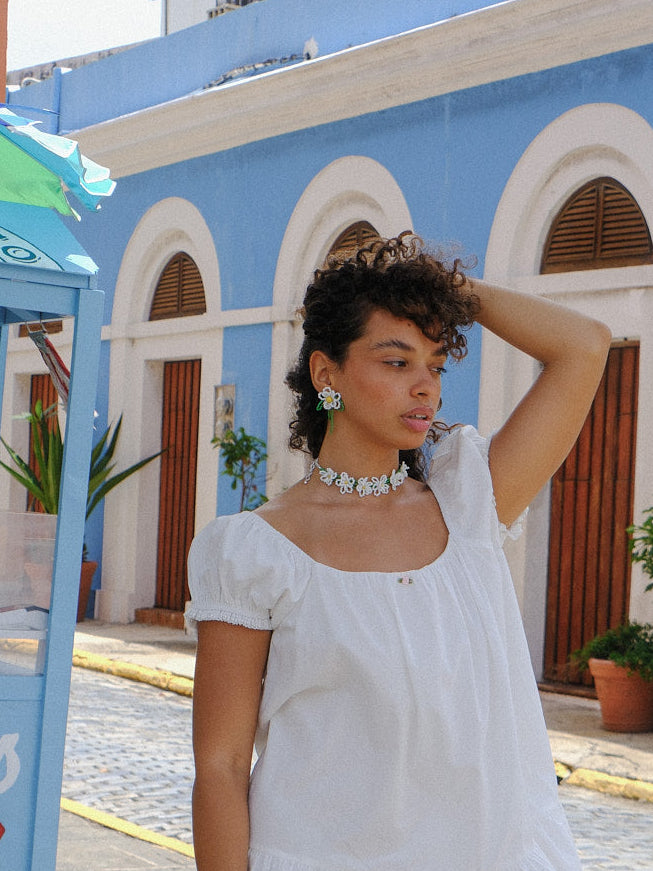 Flower Beaded Earrings - White/Green