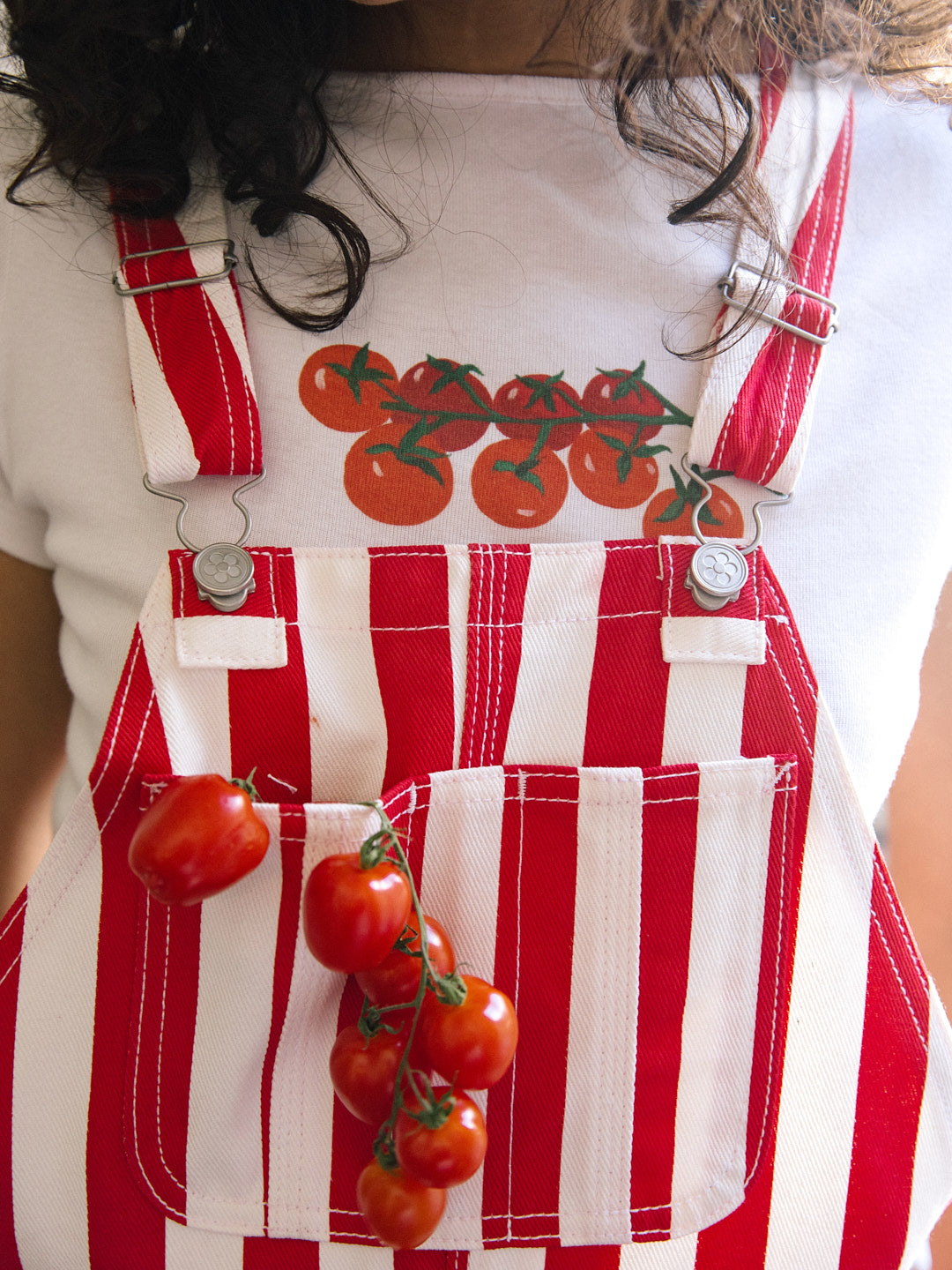 Red and white striped overalls shorts discount