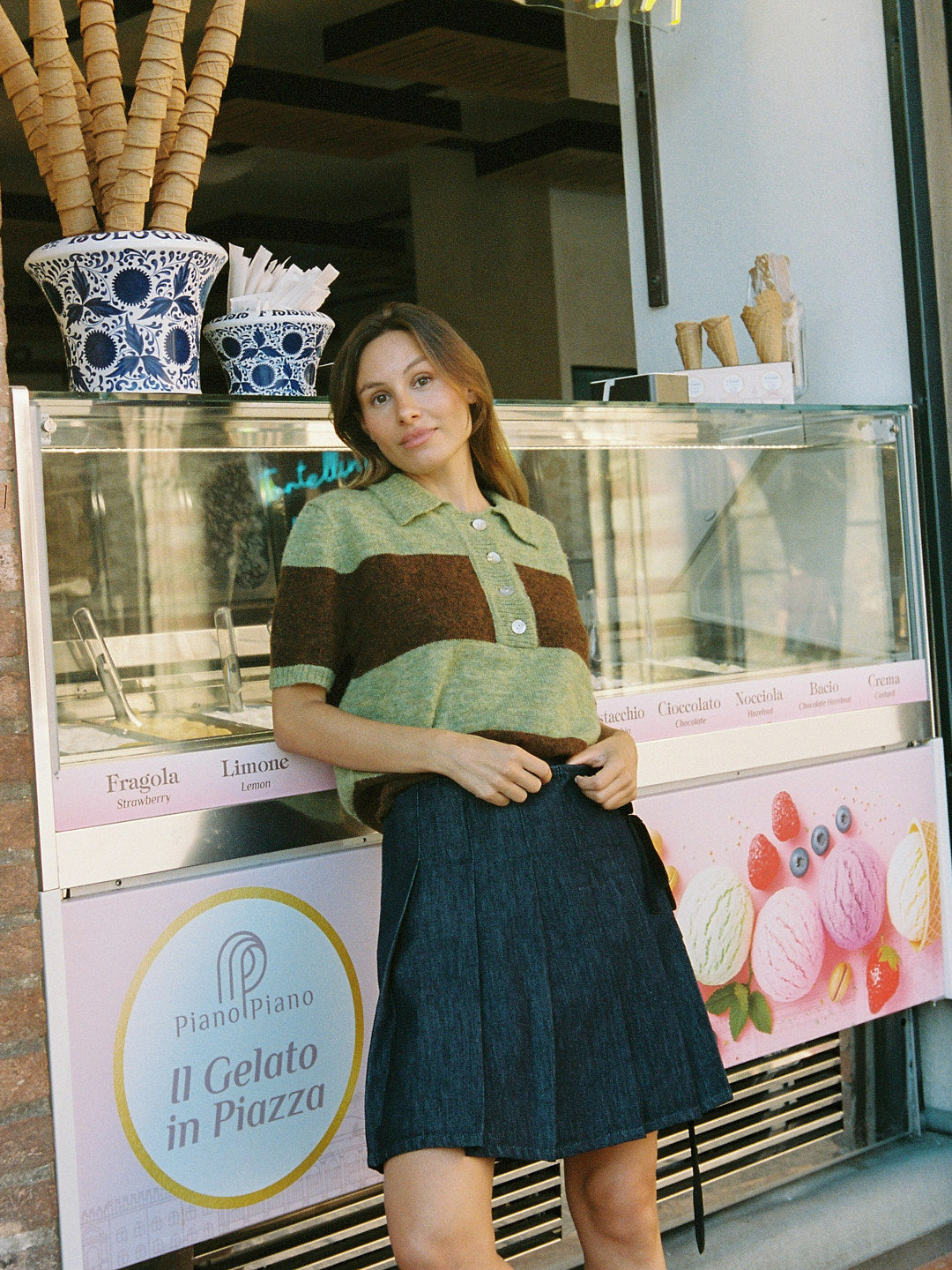 Molly Polo Sweater - Mocha/Pistachio Stripe